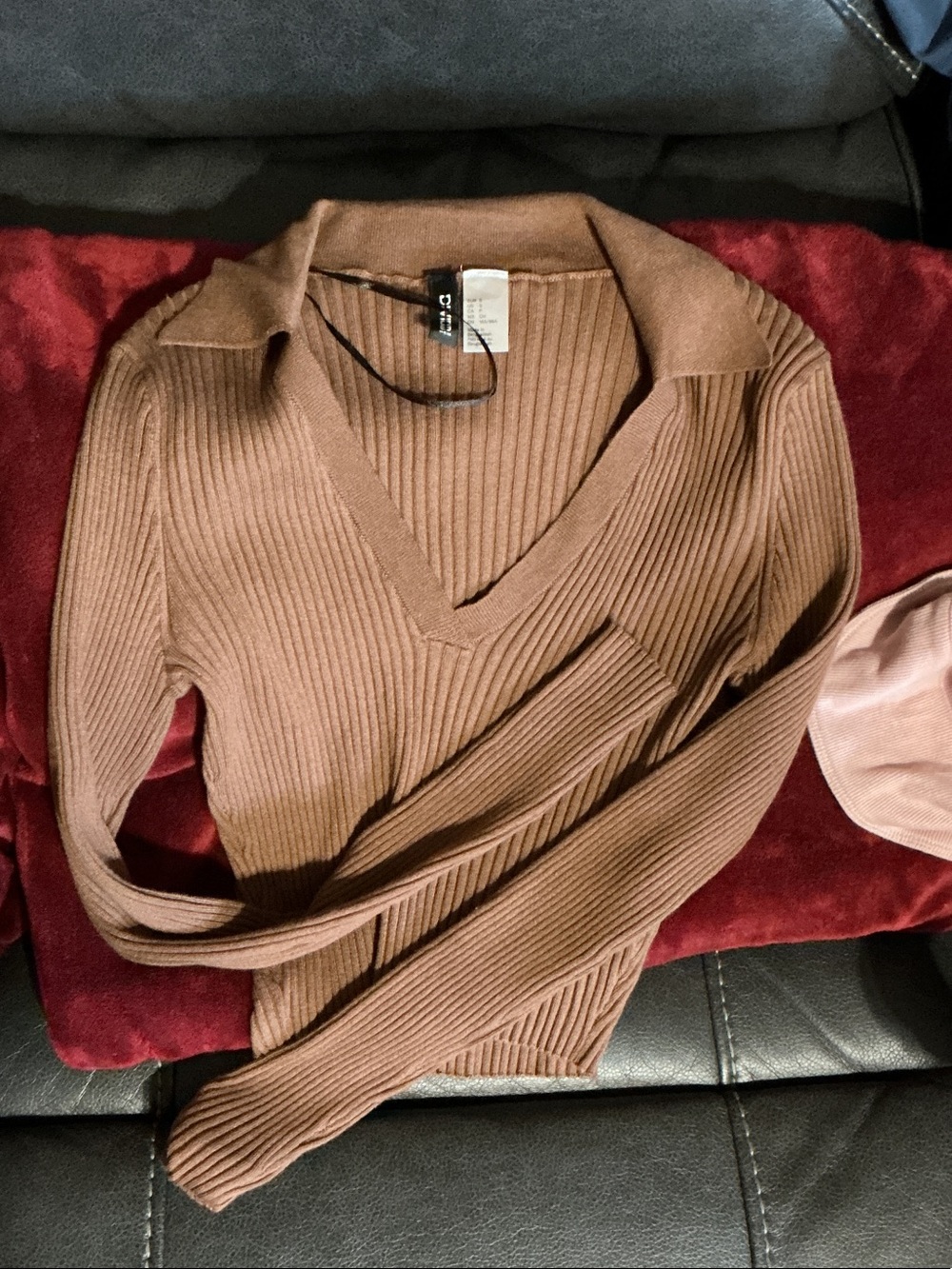Divided Ribbed V-Neck Collared Sweater - Brown